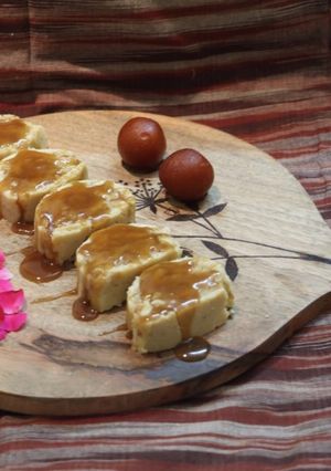 A picture of Gulab Jamun Caramel Swiss Roll.