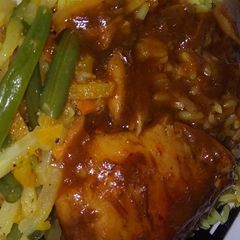 A picture of Chicken, and stir fry.