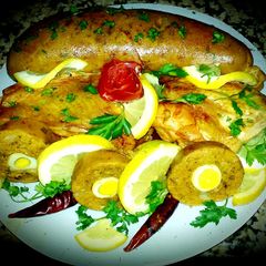 A picture of Large intestine stuffed with semolina, minced meat, quail egg😛.
