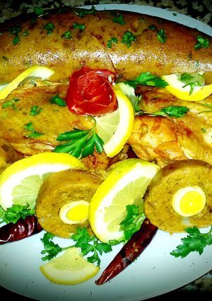 A picture of Large intestine stuffed with semolina, minced meat, quail egg😛.