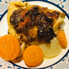 A picture of Roasted Dijon Chicken 🍗 with Carrots 🥕 and Onions 🧅.
