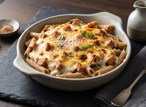 Una foto de 🍝 Penne al Forno con Alfredo y Pavo (Alto en Proteína y Listo en 25 Minutos)