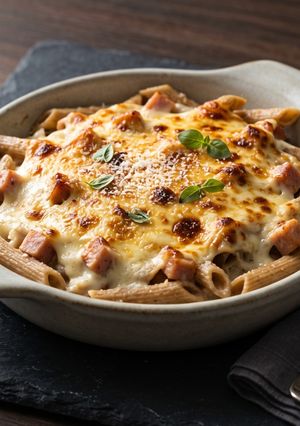 Una foto de 🍝 Penne al Forno con Alfredo y Pavo (Alto en Proteína y Listo en 25 Minutos)