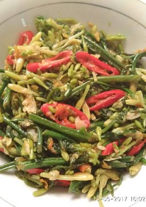 Foto resep Tumis sayur pakis + bunga pepaya pedas