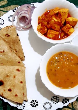 A picture of Dal fry,sahi paneer,butter roti.