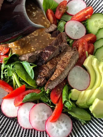 Easy Way Prepare Recipe Steak salad with shoyu dressing that is Delicious, So Delicious}