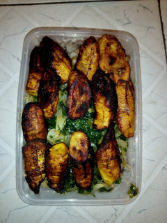 A picture of White beans, vegetable source and fried plantain.