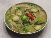 A picture of fish, brussels sprouts