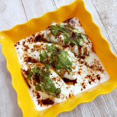 A picture of Dahi Gujiya or Bhalla.
