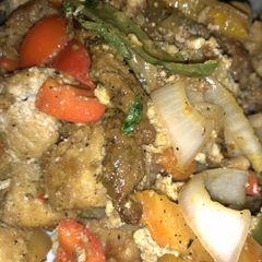 A picture of Beef steak sweet and sour tofu with scrambled egg.