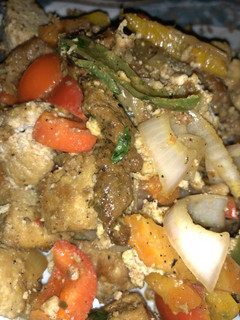 A picture of Beef steak sweet and sour tofu with scrambled egg.