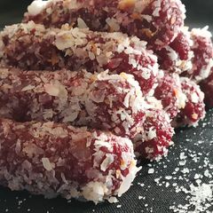 Beetroot mithai rolls A picture of Beetroot mithai rolls.