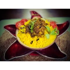 A picture of Lunch: Basanti Pulao with Chicken Kosha/Bhuna Chicken.