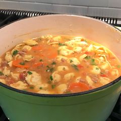 A picture of Thick and Spicy sausage, bean and cheese tortellini soup.