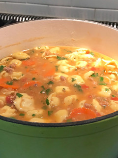 A picture of Thick and Spicy sausage, bean and cheese tortellini soup.
