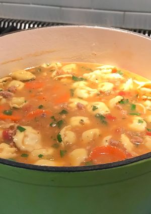 A picture of Thick and Spicy sausage, bean and cheese tortellini soup.
