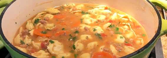 Thick and Spicy sausage, bean and cheese tortellini soup