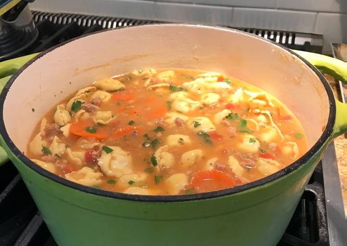 Steps to Prepare Speedy Thick and Spicy sausage, bean and cheese tortellini soup