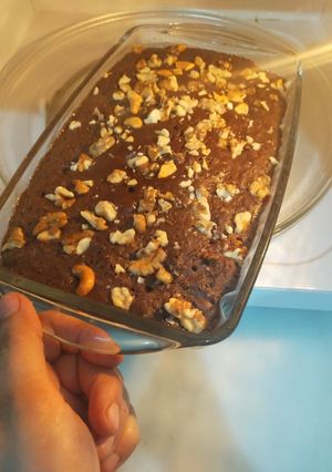 A picture of Coffee walnut microwave oven brownies ready in 5 minutes.