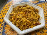 Céréales au chorizo, raisins, oignon rouge et poivrons jaunes
