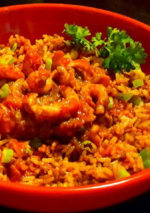A picture of Mikes EZ Crawfish Étouffée Over Dirty Rice.
