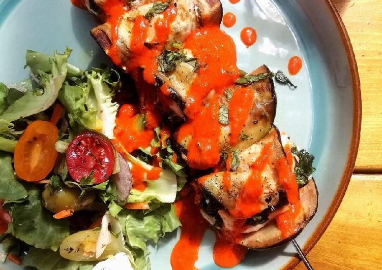 How to Prepare Perfect Salmon,aubergine and spinach skewers with red pepper dressing