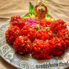 A picture of Nutty palm sugar Boondi Laddoos.