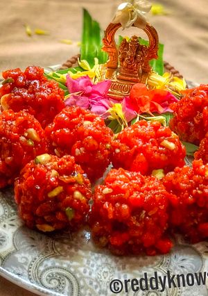 A picture of Nutty palm sugar Boondi Laddoos.