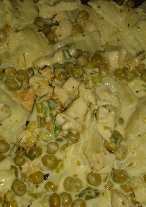 Una foto de Ravioles con crema, pollo verdeo y arvejas 🤤 !!