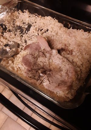 A picture of Baked Pork Chops and Brown Rice GF.
