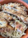 Pasta con salsa bechamel y pollo empanizado 🍗🍝
