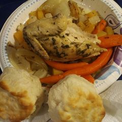 A picture of Roasted Roots with Herbs and Chicken.