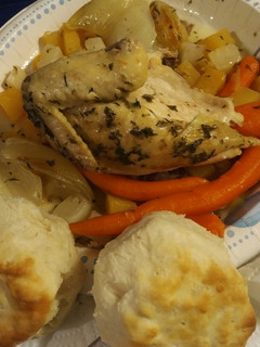 A picture of Roasted Roots with Herbs and Chicken.