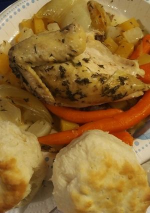 A picture of Roasted Roots with Herbs and Chicken.