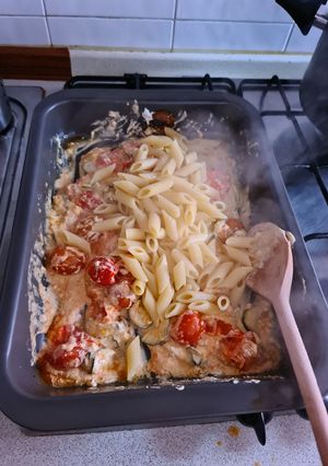 A picture of Feta Pasta with Cherry Tomatoes and Zucchini.