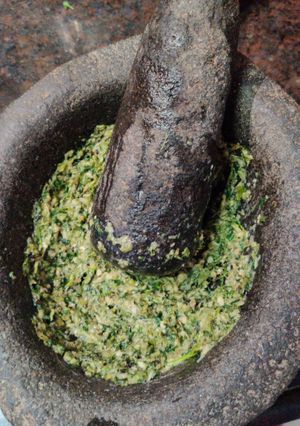 A picture of Green chillies garlic coriander thecha.