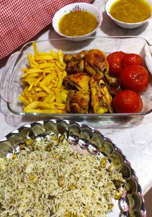 عکسی از دستور باقالی پلو با مرغ مرغ زعفرونی