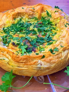 A picture of Curried cauliflower cheese filo pie.