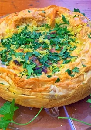 A picture of Curried cauliflower cheese filo pie.