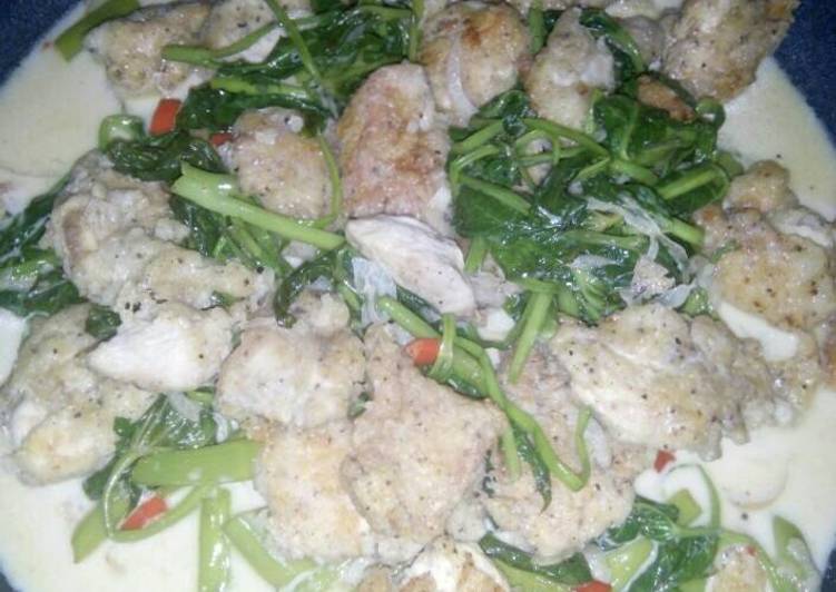 Steps to Make Speedy Spicy creamy chicken with kangkong