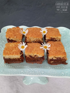 Una foto de Cuadraditos de coco, dulce de leche y chocolate