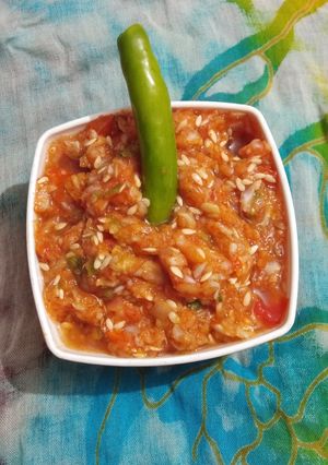 A picture of Onion tomato chutney.