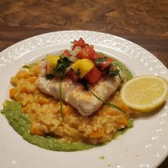 A picture of Brad's halibut w/ mango salsa.