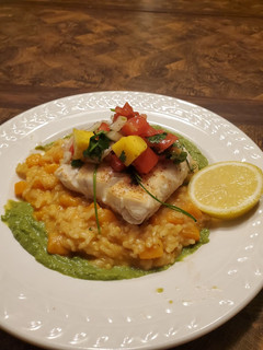 A picture of Brad's halibut w/ mango salsa.