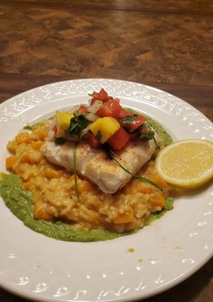 A picture of Brad's halibut w/ mango salsa.