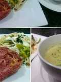 Linguinis con vegetales y pastel de carne, crema de espinaca
