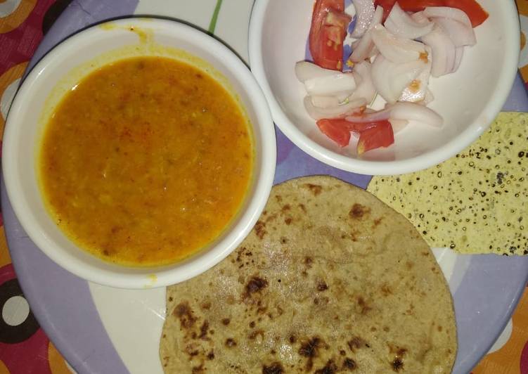 Yellow dal (moong dholi) with chappati and salad