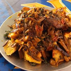 A picture of Roasted yam and plantain with ugba.