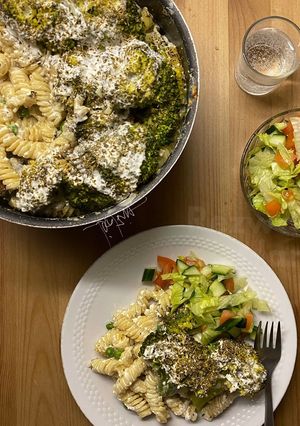 A picture of —Alfredo pasta MY WAY— mainly with cottage cheese and broccoli 🥦😊✌🏽.