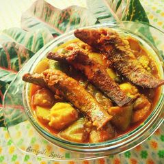 Spotted snakehead fish curry with Taro and Eggplant A picture of Spotted snakehead fish curry with Taro and Eggplant.